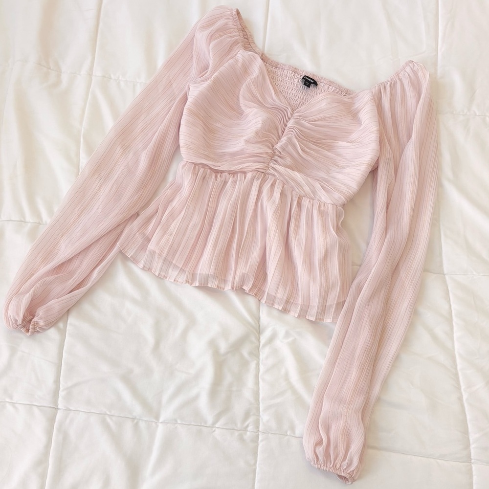 Express Pale Pink Pleated Long Sleeve Peplum Blouse